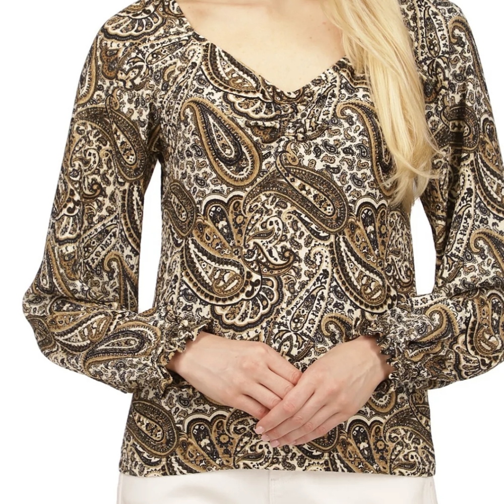 Michael Kors husk Paisley brown Women's blouse top Puff-Sleeve XL New w/tags